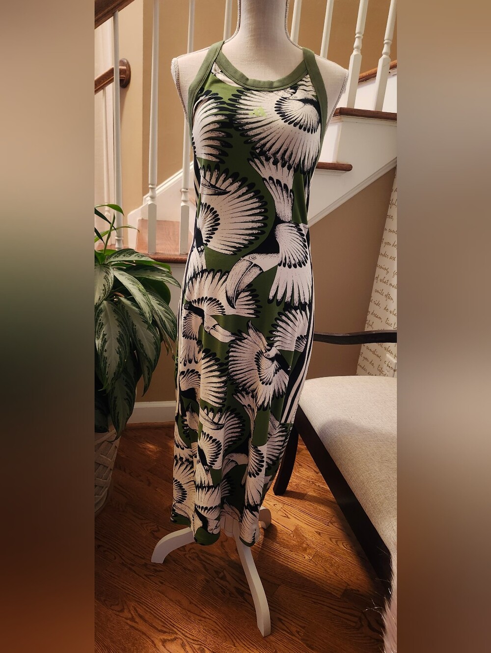 Farm Rio Adidas Olive Green Racerback Maxi Dress with White & Black Floral Print